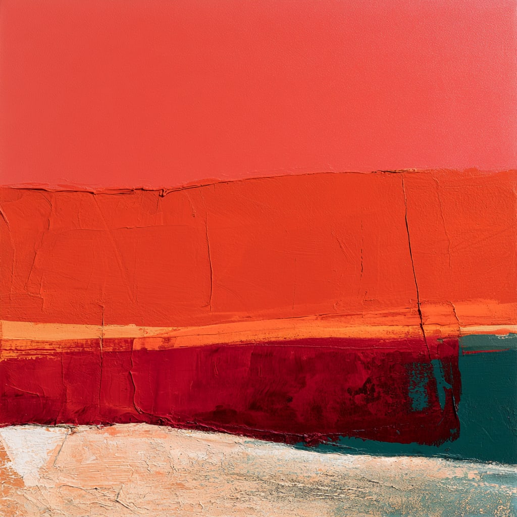 Crimson Horizon. Acrylic print on panel. By the IAAG Artists Group. Contemporary.: Title: Crimson Horizon Technique: Acrylic print on panel Measures: 20 × 20 inches (51 × 51 cm) Year: Contemporary Condition: Excellent condition. Museum-quality contemporary abstract composition pro