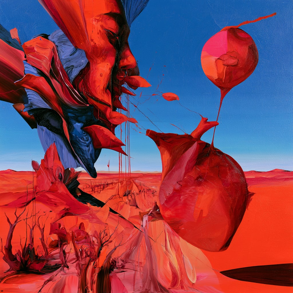 Crimson Mirage. Acrylic print on panel. By the IAAG Artists Group. Contemporary.: Title: Crimson Mirage Technique: Acrylic print on panel Measures: 20 × 20 inches (51 × 51 cm) Year: Contemporary Condition: Excellent condition. Museum-quality contemporary composition produced with