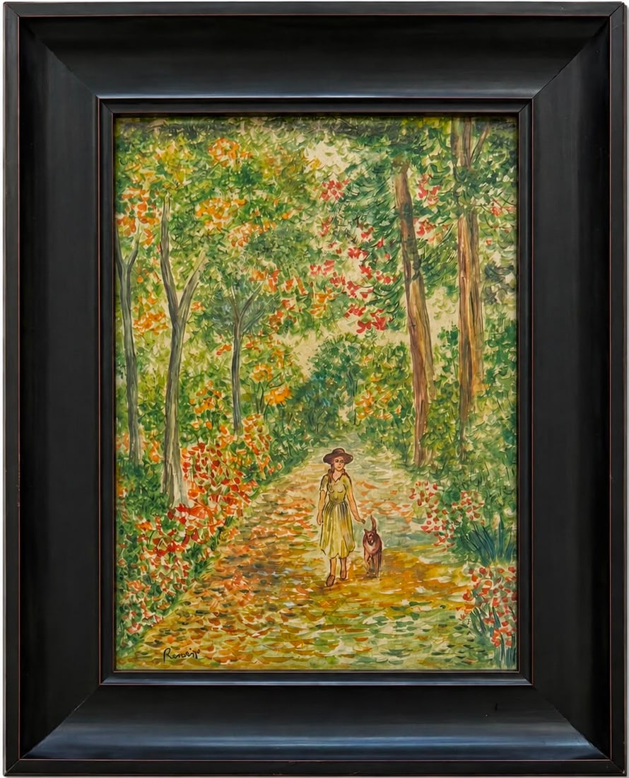 Pierre-Auguste Renoir French 1841-1919 Watercolor on Paper painting in the style of Monet Era: Title: Woman and Dog on a Garden Path Technique: Watercolor on paper Measures: 15 x 10 inches (38.1 x 25.4 cm) Year: Circa late-19th century Impressionist period Condition: Good condition. The waterco