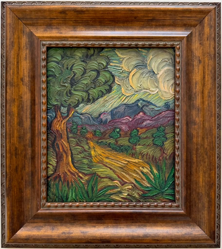 Vincent van Gogh Dutch 1853-1890 Oil on Canvas painting in the style of Landscape Gauguin Era: Title: Country Landscape Technique: Oil on canvas Measures: 12 x 10 inches (30.5 x 25.4 cm) Year: Circa late-19th century Post-Impressionist period Condition: Good condition. Surface presents substant