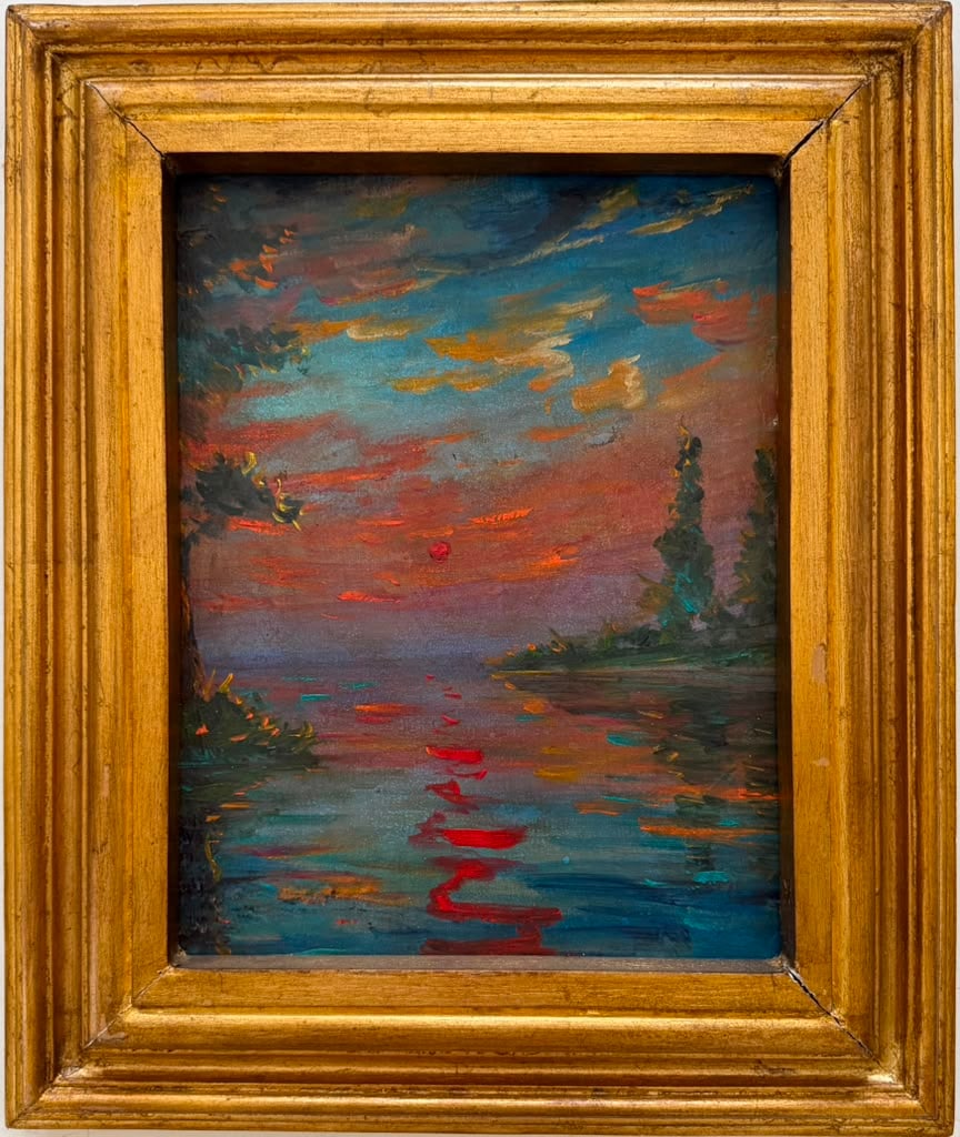 Claude Monet French 1840-1926 Oil on Canvas painting in the style of Sunset Landscape Renoir Pissarr: Title: Sunset over the River Technique: Oil on canvas Measures: 13 x 10 inches (33 x 25.4 cm) Year: Circa late-19th century Impressionist period Condition: Good condition. Surface presents stable pigm
