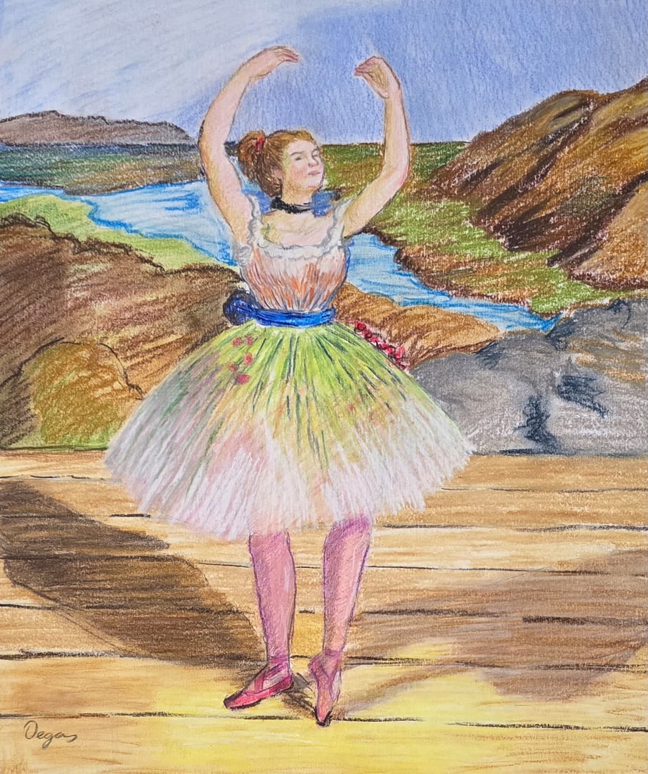 Edgar Degas French 1834-1917 Pastel on Paper painting in the style of Ballet Dancer Impressionist Er: Title: Dancer in a Landscape Technique: Pastel on paper Measures: 14 x 12 inches (35.6 x 30.5 cm) Year: Circa late-19th century Impressionist period Condition: Good condition. Pastel presents varied c