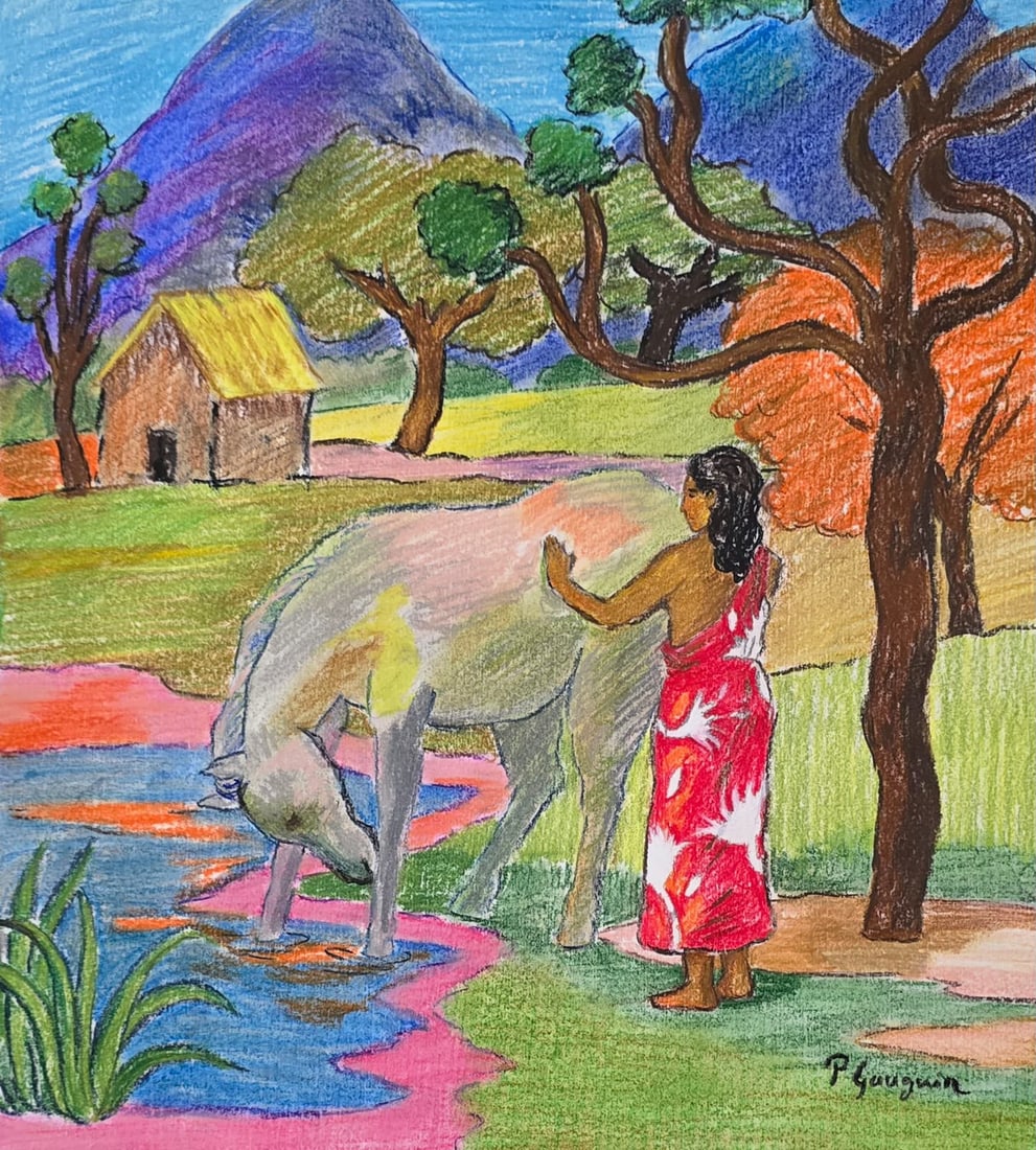 Paul Gauguin French 1848-1903 Pastel on Paper painting in the style of Tahitian Landscape Post-Impre: Title: Woman with Horse in a Tropical Landscape Technique: Pastel on paper Measures: 13 x 12 inches (33 x 30.5 cm) Year: Circa late-19th century Post-Impressionist period Condition: Good condition. Pa