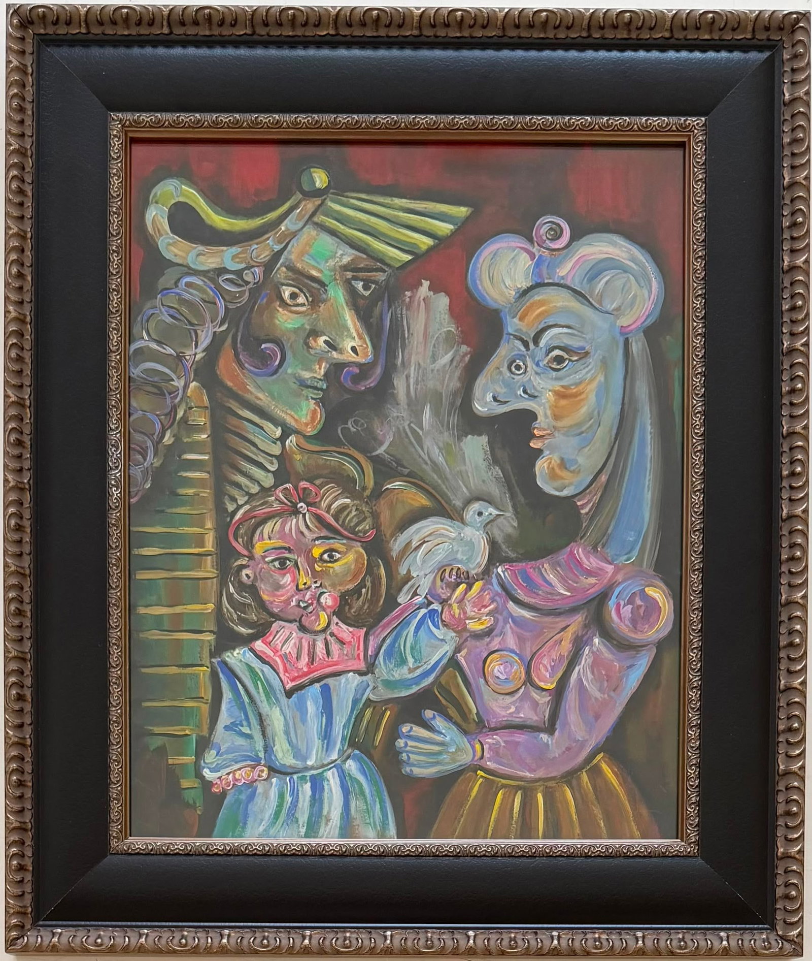 Pablo Picasso Spanish 1881-1973 Gouache on Paper painting in the style of Family Figures Cubist Era: Title: Family with Dove Technique: Gouache on paper Measures: 16 x 13 inches (40.6 x 33 cm) Year: Circa mid-20th century Modernist period Condition: Good condition. Gouache presents strong coloration 
