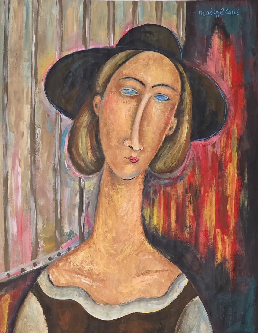 Amedeo Modigliani Italian 1884-1920 Watercolor on Paper painting in the style of Woman Portrait Scho: Title: Woman in a Black Hat Technique: Watercolor on paper Measures: 16 x 13 inches (40.6 x 33 cm) Year: Circa early-20th century School of Paris period Condition: Good condition. Surface presents var