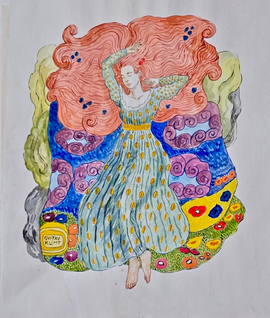 Gustav Klimt Austrian 1862-1918 Watercolor on Paper painting in the style of Woman Portrait Art Nouv: Title: Reclining Woman with Flowing Hair Technique: Watercolor on paper Measures: 15 x 12 inches (38.1 x 30.5 cm) Year: Circa early-20th century Vienna Secession period Condition: Good condition. Wate