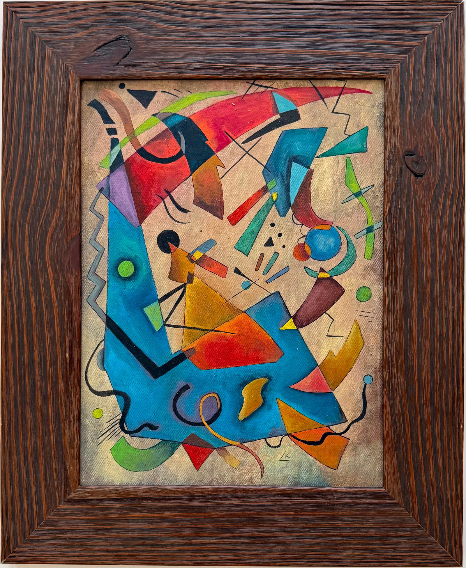 Wassily Kandinsky Russian 1866-1944 Oil on Canvas painting in the style of Abstract Geometric Bauhau: Title: Colorful Geometric Composition Technique: Oil on canvas Measures: 15 x 12 inches (38.1 x 30.5 cm) Year: Circa early-20th century Abstract Modernist period Condition: Good condition. Surface pre
