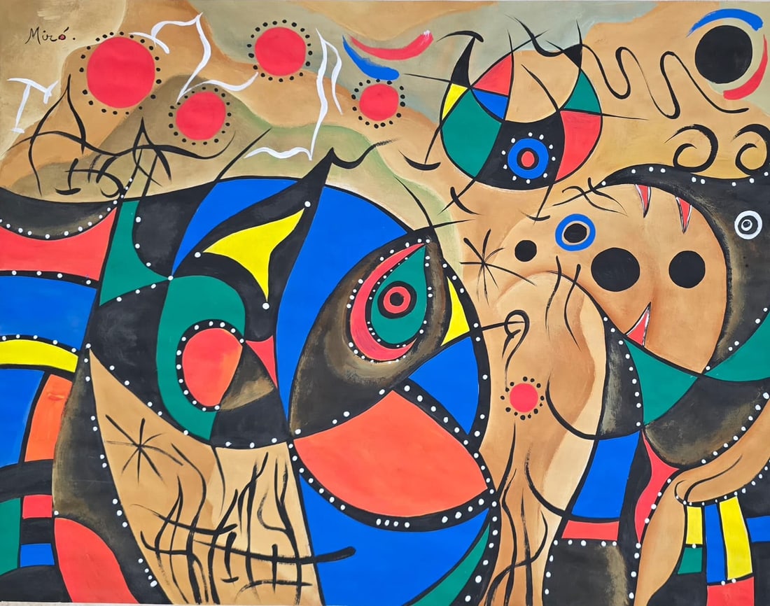 Joan Miró Spanish 1893-1983 Gouache on Paper painting in the style of Figures Constellations: Title: Figures and Constellations Technique: Gouache on paper Measures: 17 x 13 inches (43.2 x 33 cm) Year: Circa mid-20th century Surrealist period Condition: Good condition. Gouache presents strong 