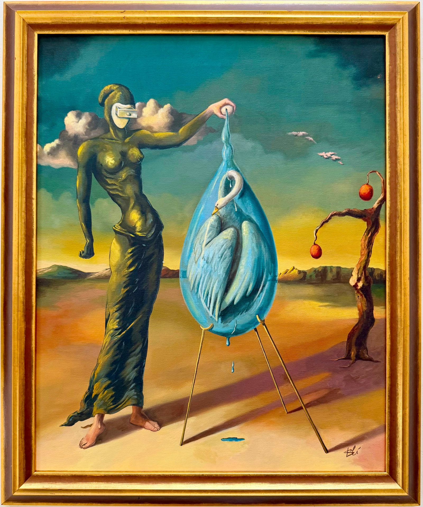 Salvador Dalí Spanish 1904-1989 Oil on Canvas painting in the style of Woman Swan Surrealist Era: Title: Woman with Swan Technique: Oil on canvas Measures: 20 x 16 inches (50.8 x 40.6 cm) Year: Circa mid-20th century Surrealist period Condition: Good condition. Surface presents stable pigment appl