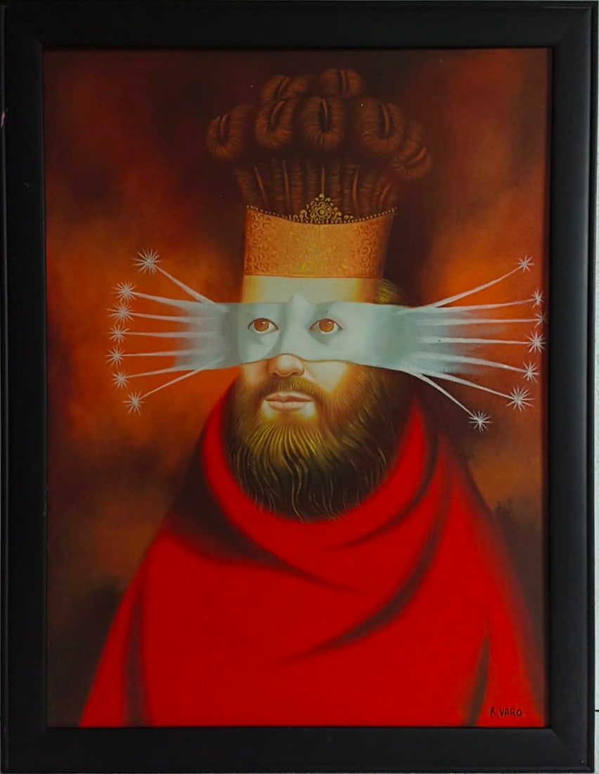 Remedios Varo Spanish-Mexican 1908-1963 Oil on Canvas painting in the style of Mystical Figure Surre: Title: The Visionary Technique: Oil on canvas Measures: 31 x 21 inches (78.7 x 53.3 cm) Year: Circa mid-20th century Surrealist period Condition: Good condition. Surface presents stable pigment applic