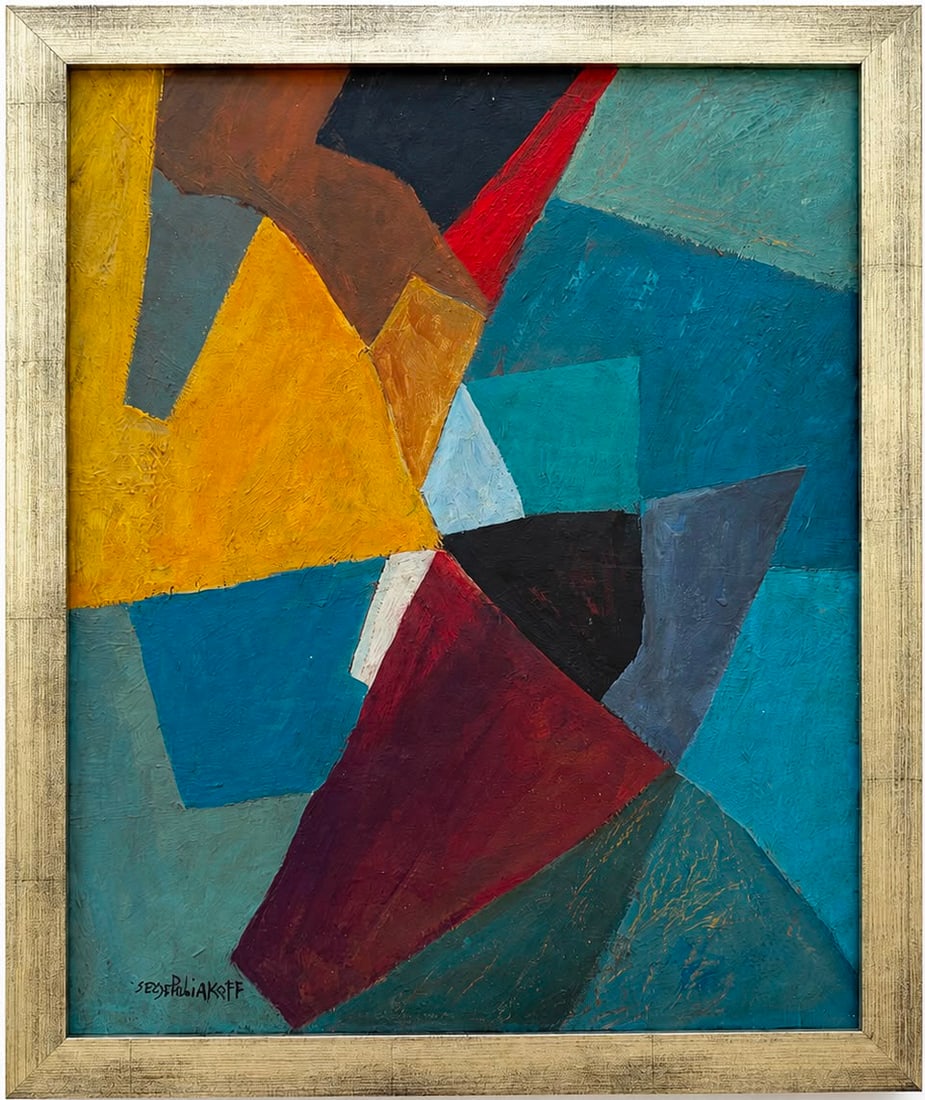 Serge Poliakoff Russian-French 1900-1969 Oil on Canvas painting in the style of Abstract Composition: Title: Composition abstraite Technique: Oil on canvas Measures: 20 x 16 inches (50.8 x 40.6 cm) Year: Circa mid-20th century Abstract period Condition: Good condition. Surface presents stable pigment 