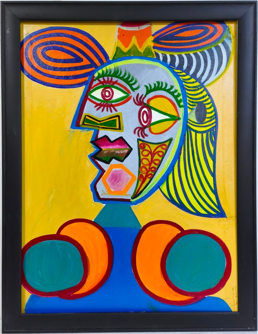 Pablo Picasso Spanish 1881-1973 Oil on Canvas painting in the style of Woman Portrait Cubist Era: Title: Woman with Hat Technique: Oil on canvas Measures: 31 x 23 inches (78.7 x 58.4 cm) Year: Circa mid-20th century Modernist period Condition: Good condition. Surface presents strong coloration wit