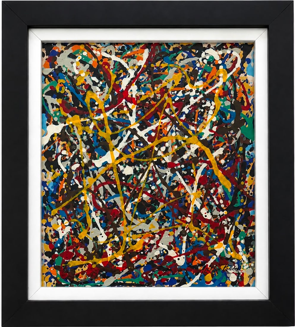 Jackson Pollock American 1912-1956 Gouache on Canvas painting in the style of Drip Composition Abstr (1 of 5)