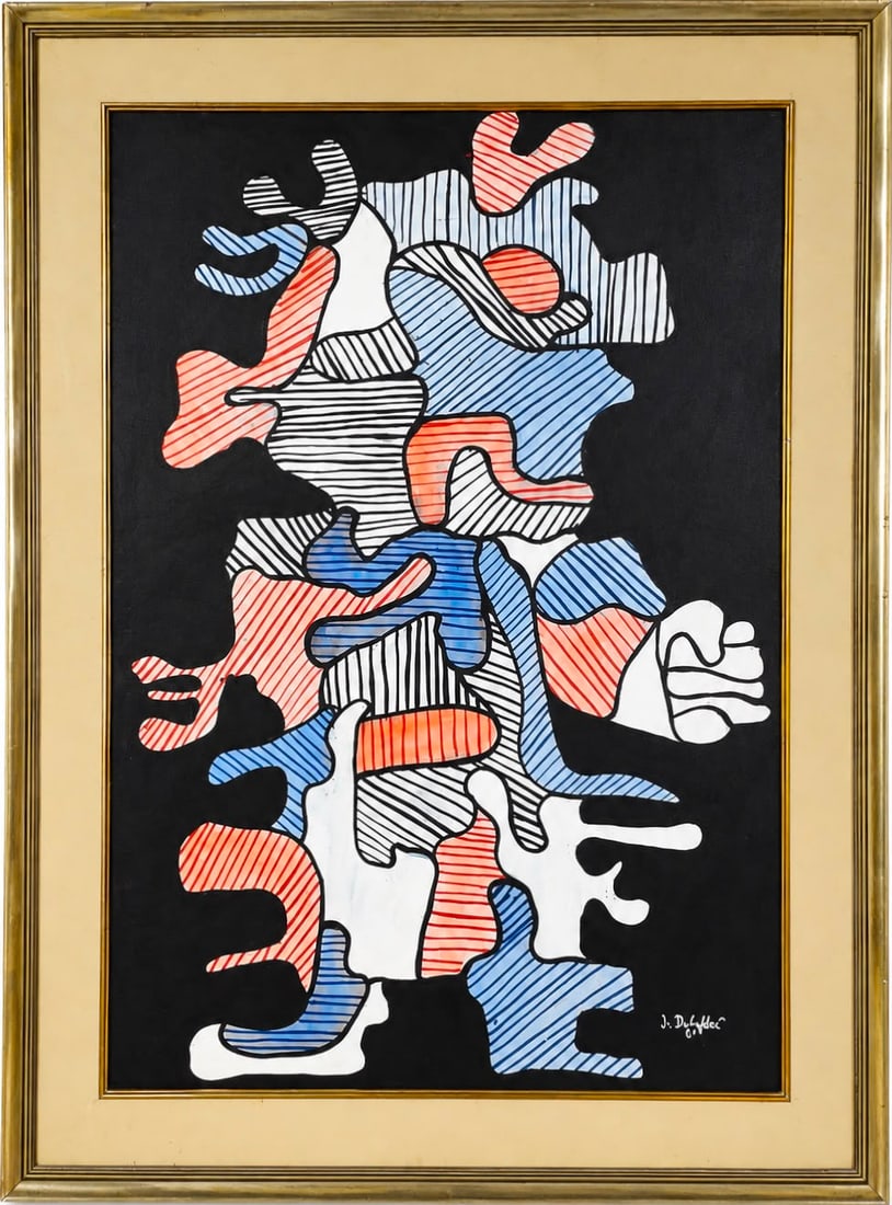 Jean Dubuffet French 1901-1985 Oil on Canvas painting in the style of Figures Hourloupe Art Brut Era: Title: Figures et formes Technique: Oil on canvas Measures: 39 x 38 inches (99.1 x 96.5 cm) Year: Circa 1960s-1970s Hourloupe period Condition: Good condition. Surface presents stable pigment applicat
