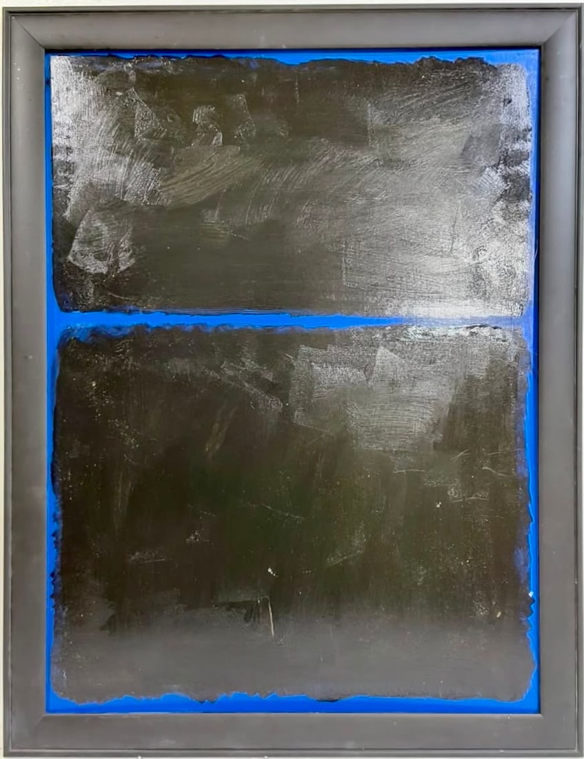 Mark Rothko American 1903–1970 Oil on Masonite painting in the style of Abstract Expressionism: Title: Untitled (Black Fields with Blue) Technique: Oil on Masonite Measures: 31 x 23 inches (78.7 x 58.4 cm) Year: Circa 1950s–1960s Abstract Expressionist period Condition: Good condition. The pai