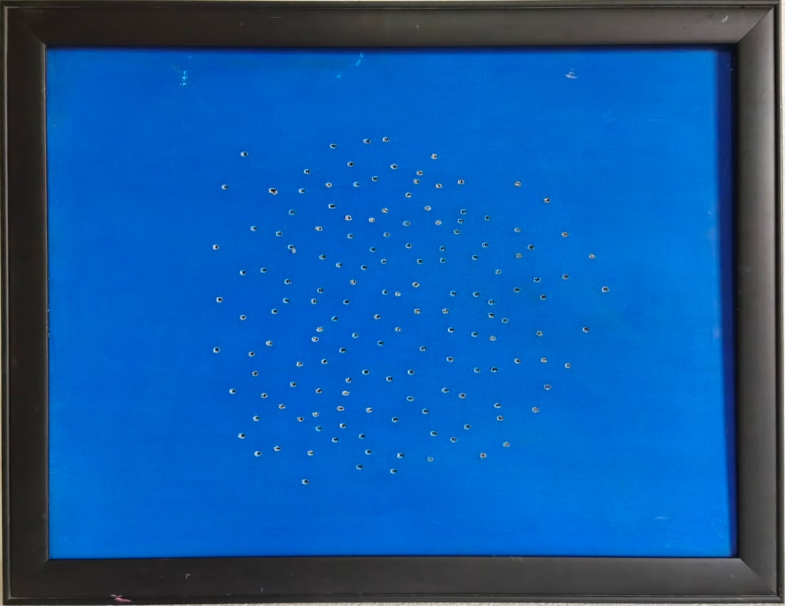 Lucio Fontana Italian-Argentine 1899–1968 Oil on Canvas painting in the style of Spatialism: Title: Concetto Spaziale (Blue Field) Technique: Oil on canvas with punctured surface Measures: 23 x 31 inches (58.4 x 78.7 cm) Year: Circa 1950s–1960s Spatialist period Condition: Good condition. T