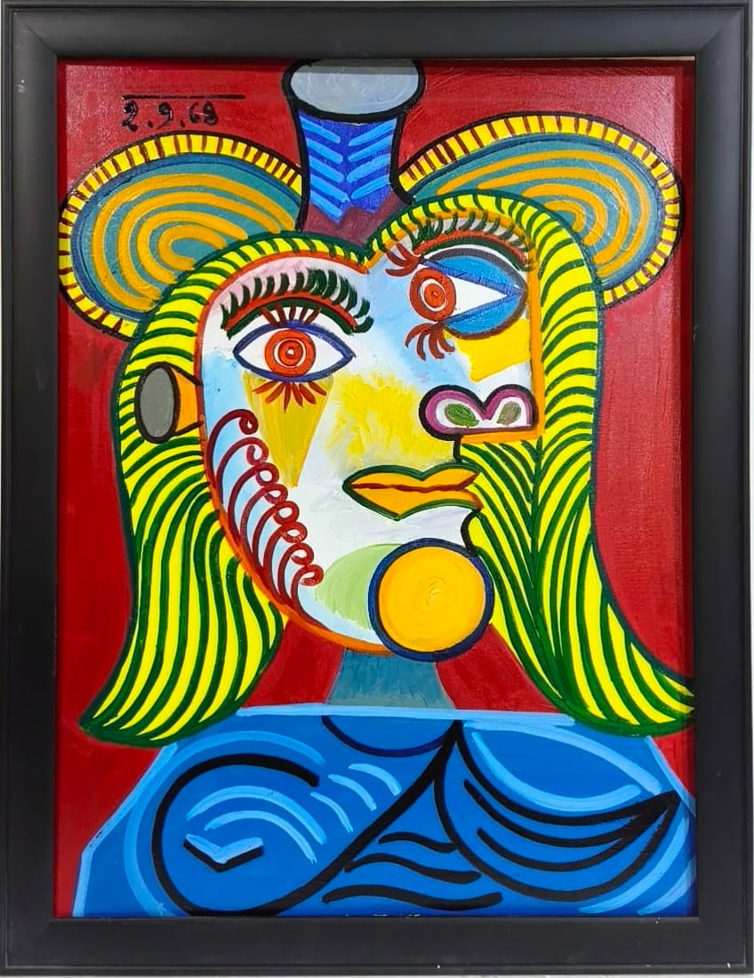 Pablo Picasso Spanish 1881–1973 Oil on Canvas painting in the style of Picasso's late Cubist and: Title: Untitled (Female Portrait) Technique: Oil on canvas Measures: 31 x 23 inches (78.7 x 58.4 cm) Year: 1968 Condition: Good condition. The painted surface presents vivid color, strong linear defin