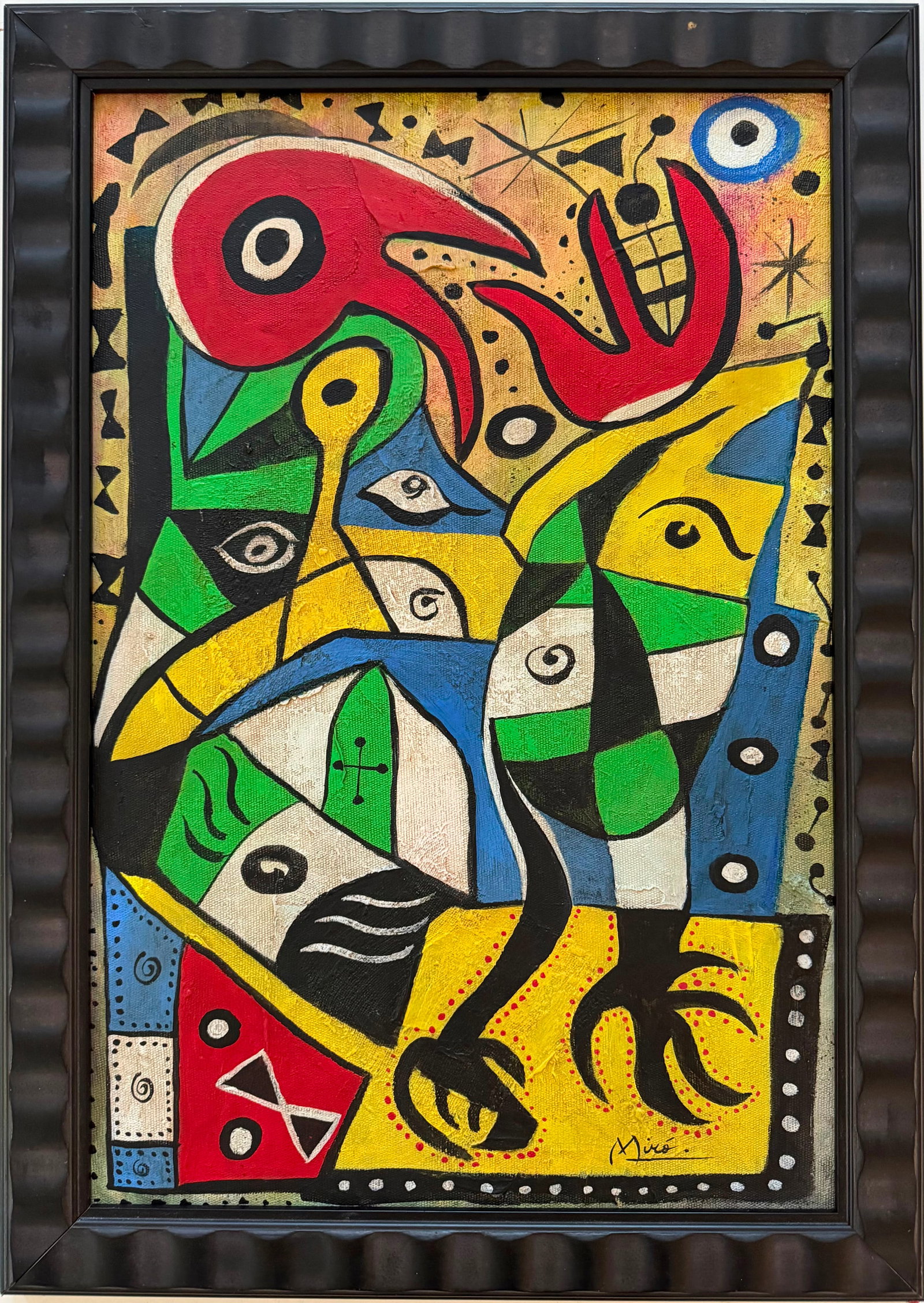Joan Miró Spanish 1893-1983 Oil on Canvas painting in the style of Surrealism Abstract Biomorphic: Title: Untitled Technique: Oil on canvas Measures: 23 x 16 inches (58.4 x 40.6 cm) Year: Circa mid-20th century Surrealist period Condition: Good condition. The painted surface presents areas of satur