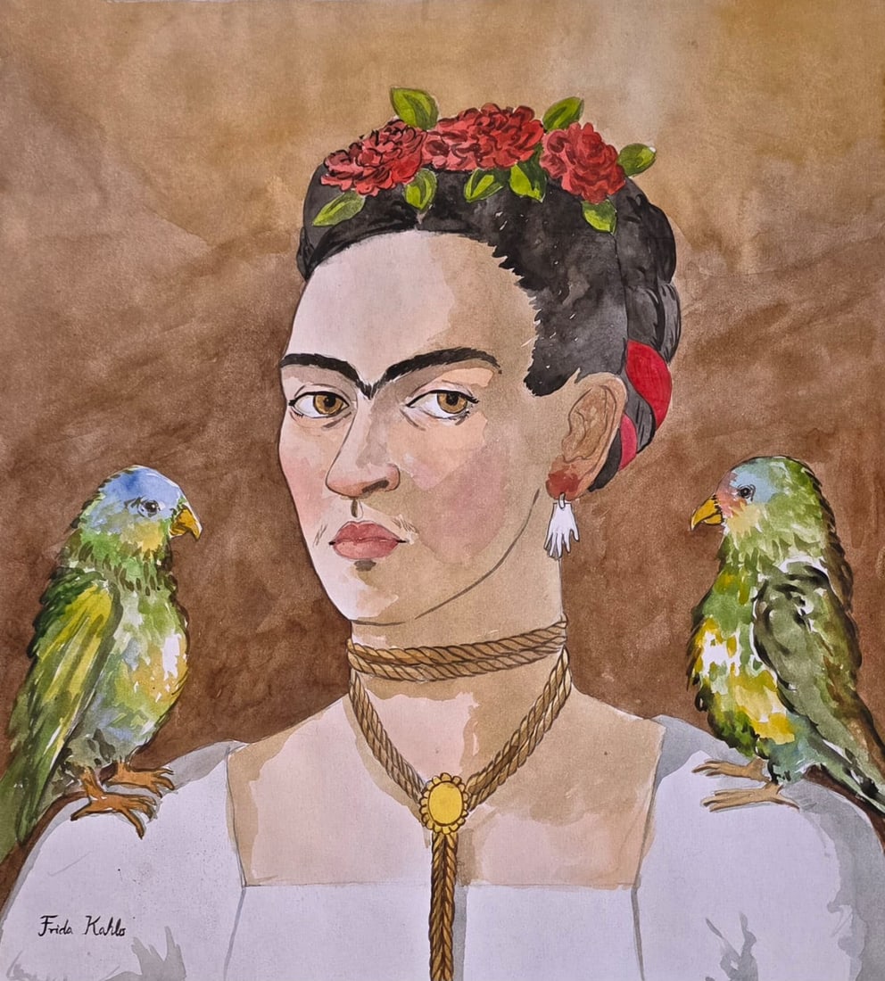 Frida Kahlo Mexican 1907-1954 Watercolor on Paper painting in the style of Mexican Modernism Surreal: Title: Self-Portrait with Birds Technique: Watercolor on paper Measures: 13 x 12 inches (33 x 30.5 cm) Year: Circa mid-20th century Mexican Modernist period Condition: Good condition. The watercolor s