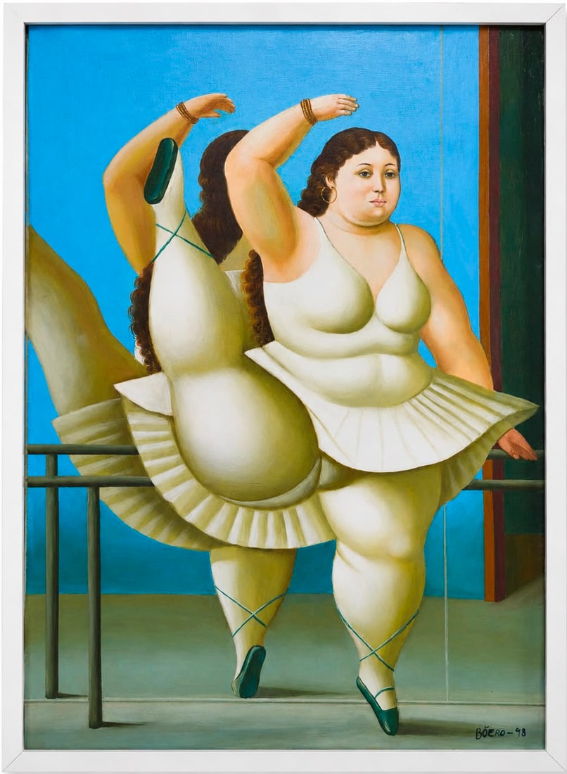 Fernando Botero Colombian 1932-2023 Oil on Canvas painting in the style of Latin American Figurative: Title: Ballerina at the Barre Technique: Oil on canvas Measures: 27 x 19 inches (68.6 x 48.3 cm) Year: 1998 Condition: Good condition. The painted surface presents smooth and controlled pigment applic