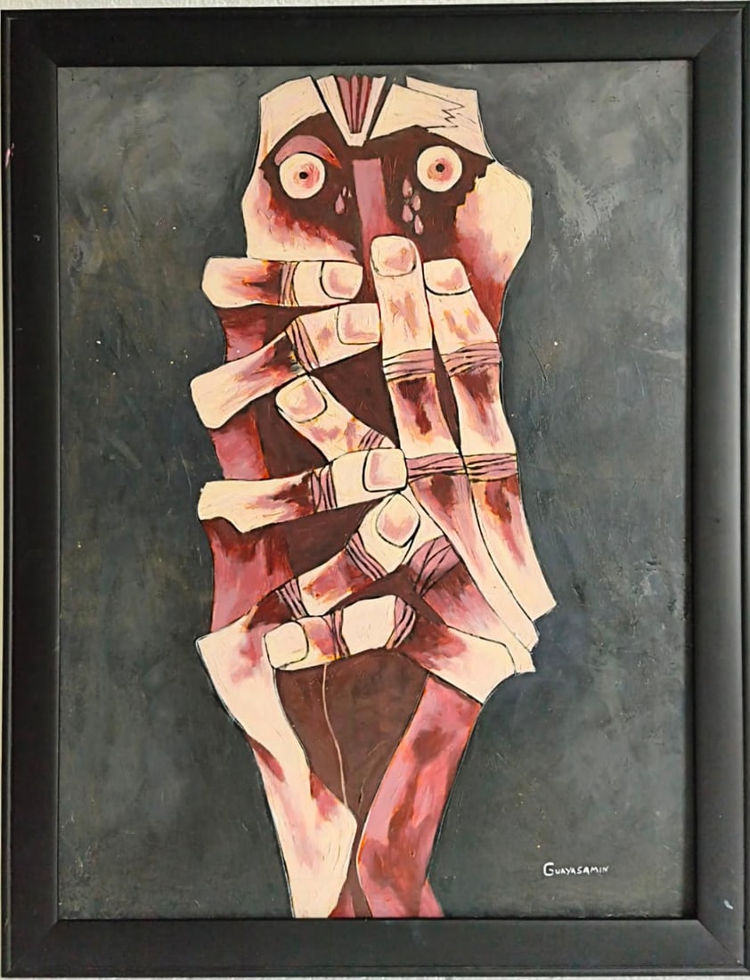 Oswaldo Guayasamín Ecuadorian 1919-1999 Oil on Canvas painting in the style of Latin American: Title: Figure with Hands Technique: Oil on canvas Measures: 31 x 23 inches (78.7 x 58.4 cm) Year: Circa late-20th century Expressionist period Condition: Good condition. The painted surface presents l