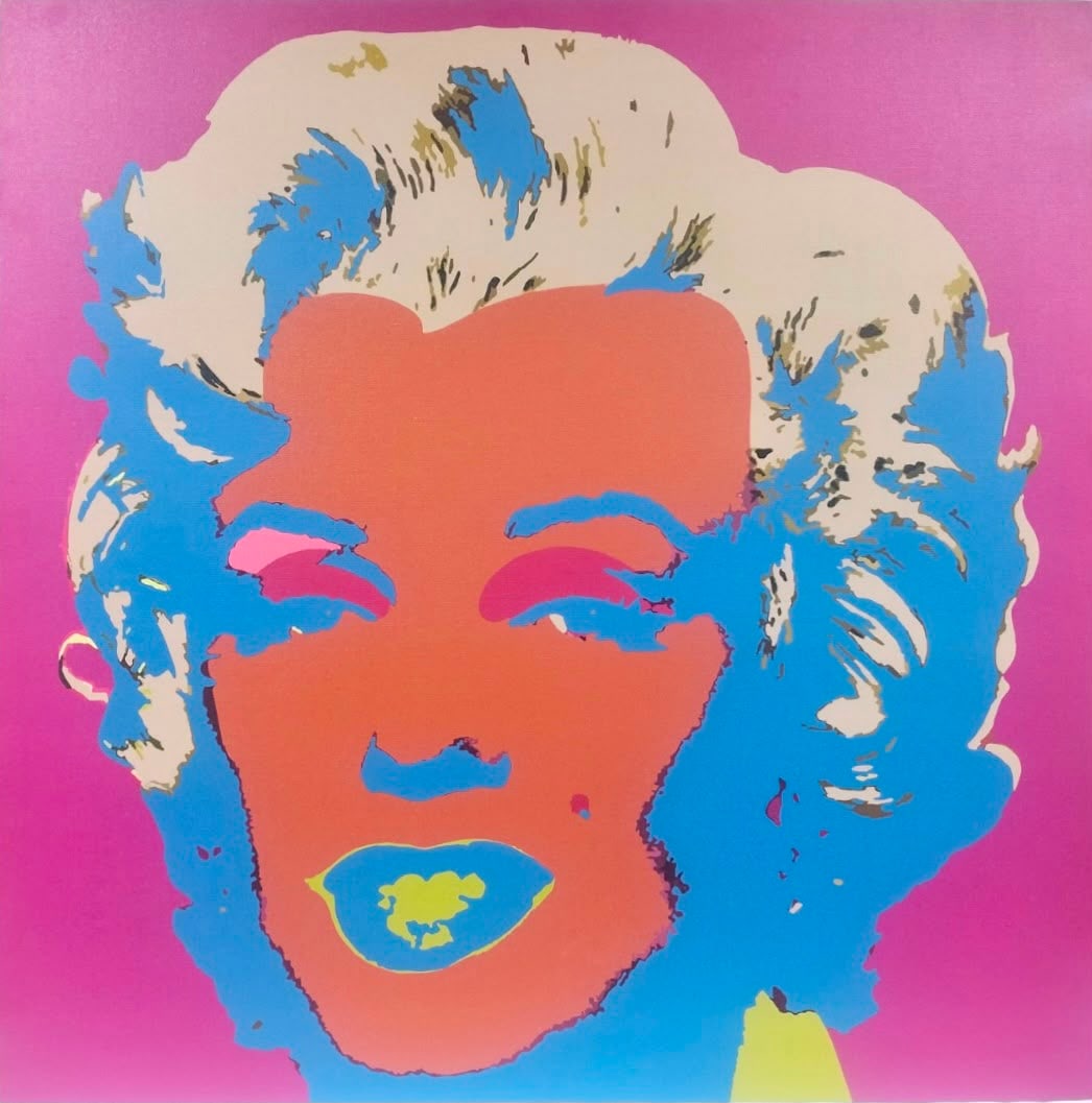Andy Warhol American 1928-1987 Silkscreen on Canvas painting in the style of Pop Art Marilyn Monroe: Title: Marilyn Technique: Silkscreen on canvas Measures: 36 x 36 inches (91.4 x 91.4 cm) Year: 1964 Condition: Good condition. The surface presents broad areas of saturated color with clearly defined 