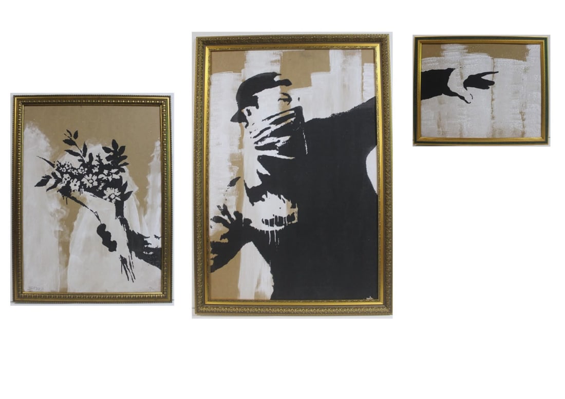 Banksy British b. 1974 Screenprint Triptych in the style of Street Art Graffiti Era: Title: Flower Thrower Triptych Technique: Screenprint in colors on board, triptych Measures: Left panel: 29.5 x 21.7 inches (75 x 55 cm); center panel: 36.2 x 24 inches (92 x 61 cm); right panel: 14.6