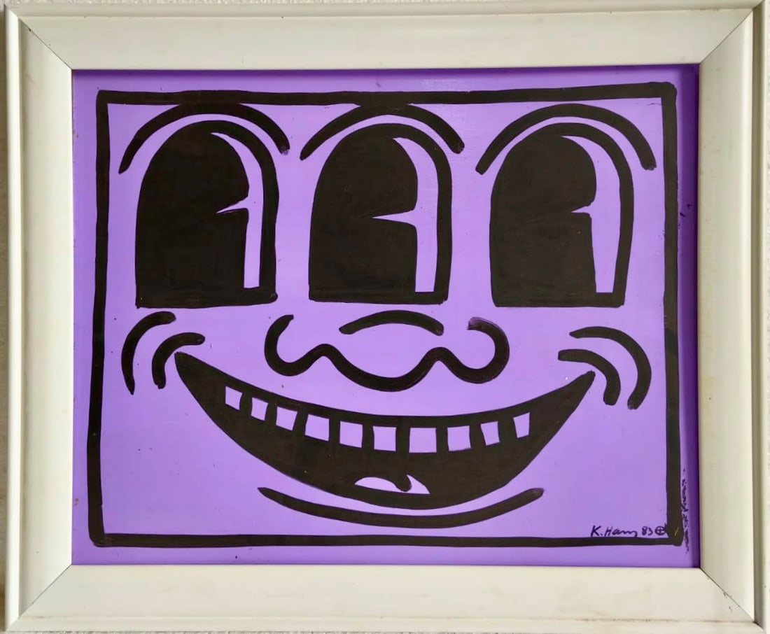 Keith Haring American 1958-1990 Acrylic on Masonite painting in the style of Pop Art Street Art Era: Title: Untitled Technique: Acrylic on masonite Measures: 16 x 19 inches (40.6 x 48.3 cm) Year: Circa 1982-1983 Condition: Good condition based on the available images. The painted surface presents sta
