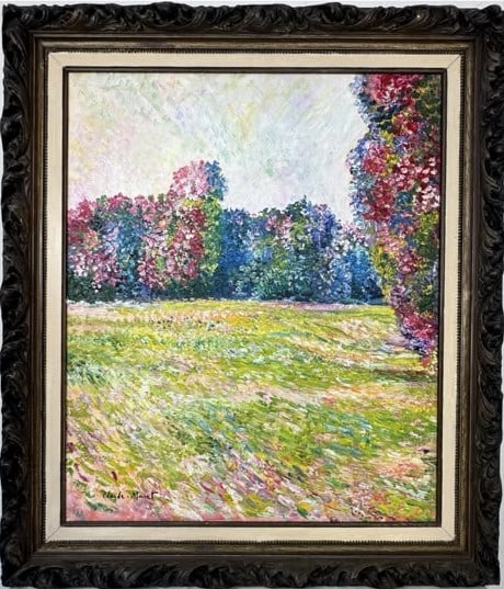 Claude Monet French 1840-1926 Oil on Canvas painting in the style of Impressionist Landscape Renoir: Title: Landscape Technique: Oil on canvas Measures: 31 x 17 inches (78.7 x 43.2 cm) Year: Circa late-19th to early-20th century Impressionist period Condition: Good condition based on the available im
