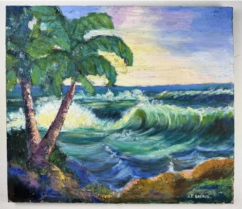 A. E. Backus American 1906-1990 Oil on Canvas painting in the style of Florida Landscape Seascape Er: Title: Florida Seascape Technique: Oil on canvas Measures: 21 x 24 inches (53.3 x 61 cm) Year: Circa mid-to-late 20th century Florida landscape period Condition: Good condition based on the available 