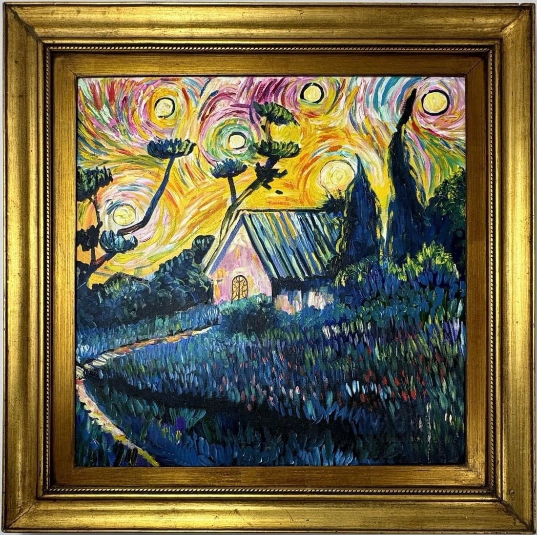 Vincent van Gogh Dutch 1853-1890 Oil on Canvas painting in the style of Post-Impressionist Provence: Title: Garden with House and Cypresses Technique: Oil on canvas Measures: 23 x 23 inches (58.4 x 58.4 cm) Year: Circa late-1880s Post-Impressionist period Condition: Good condition based on the availa