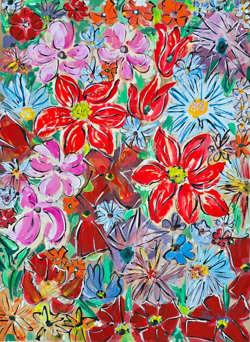 Jean Dufy French 1888-1964 Gouache painting in the style of Fauvist Floral Raoul Dufy Era: Title: Fleurs Technique: Gouache on paper Measures: 16 x 13 inches (40.6 x 33 cm) Year: Circa mid-20th century Condition: Good condition based on the available image. The painted surface presents vivi
