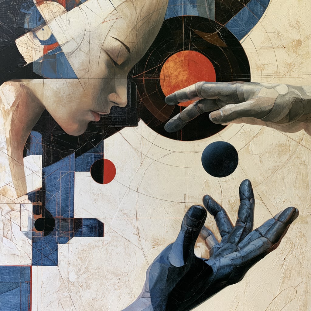 The Space Between Us. Acrylic print on panel. By the IAAG Artists Group. Contemporary.: Title: The Space Between Us Technique: Acrylic print on panel Measures: 20 × 20 inches (51 × 51 cm) Year: Contemporary Description: The Space Between Us explores connection through an elegant dialog