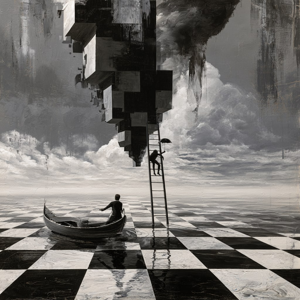 The Architecture Above. Acrylic print on panel. By the IAAG Artists Group. Contemporary.: Title: The Architecture Above Technique: Acrylic print on panel Measures: 20 × 20 inches (51 × 51 cm) Year: Contemporary Description: The Architecture Above constructs a surreal world where gravity 
