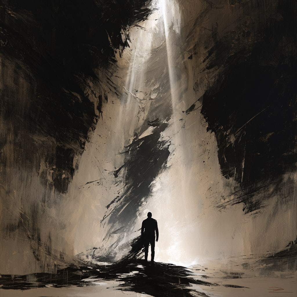 Into the Light. Acrylic print on panel. By the IAAG Artists Group. Contemporary.: Title: Into the Light Technique: Acrylic print on panel Measures: 20 × 20 inches (51 × 51 cm) Year: Contemporary Description: Into the Light presents a solitary figure standing before a monumental p