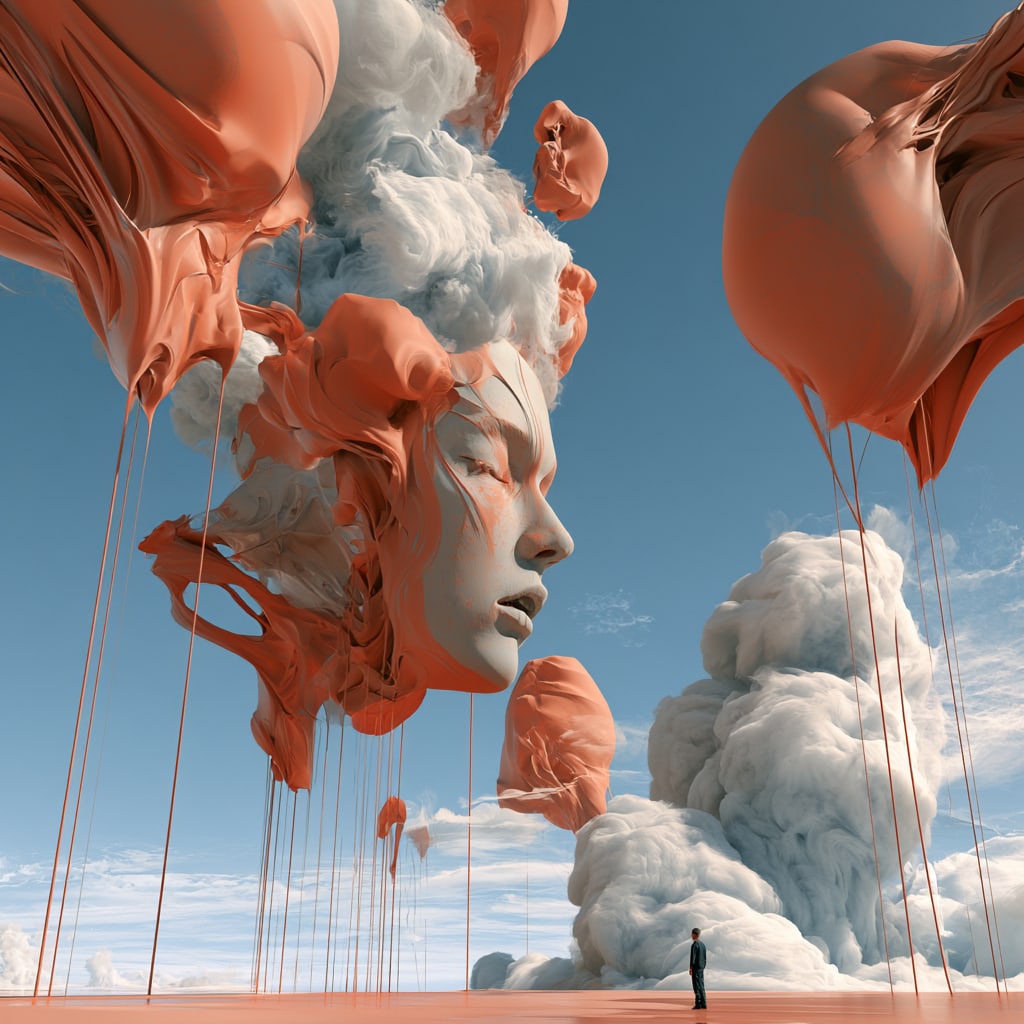 Between Worlds. Acrylic print on panel. By the IAAG Artists Group. Contemporary.: Title: Between Worlds Technique: Acrylic print on panel Measures: 20 × 20 inches (51 × 51 cm) Year: Contemporary Description: Between Worlds presents a monumental fragmented face suspended among clo