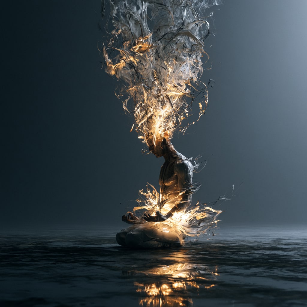 Illumination Within. Acrylic print on panel. By the IAAG Artists Group. Contemporary.: Title: Illumination Within Technique: Acrylic print on panel Measures: 20 × 20 inches (51 × 51 cm) Year: Contemporary Description: Illumination Within depicts a solitary meditative figure emerging f
