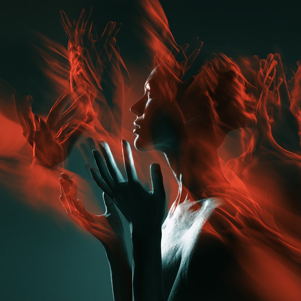 Echoes of the Self. Acrylic print on panel. By the IAAG Artists Group. Contemporary.: Title: Echoes of the Self Technique: Acrylic print on panel Measures: 20 × 20 inches (51 × 51 cm) Year: Contemporary Description: Echoes of the Self centers a solitary female figure surrounded by ov