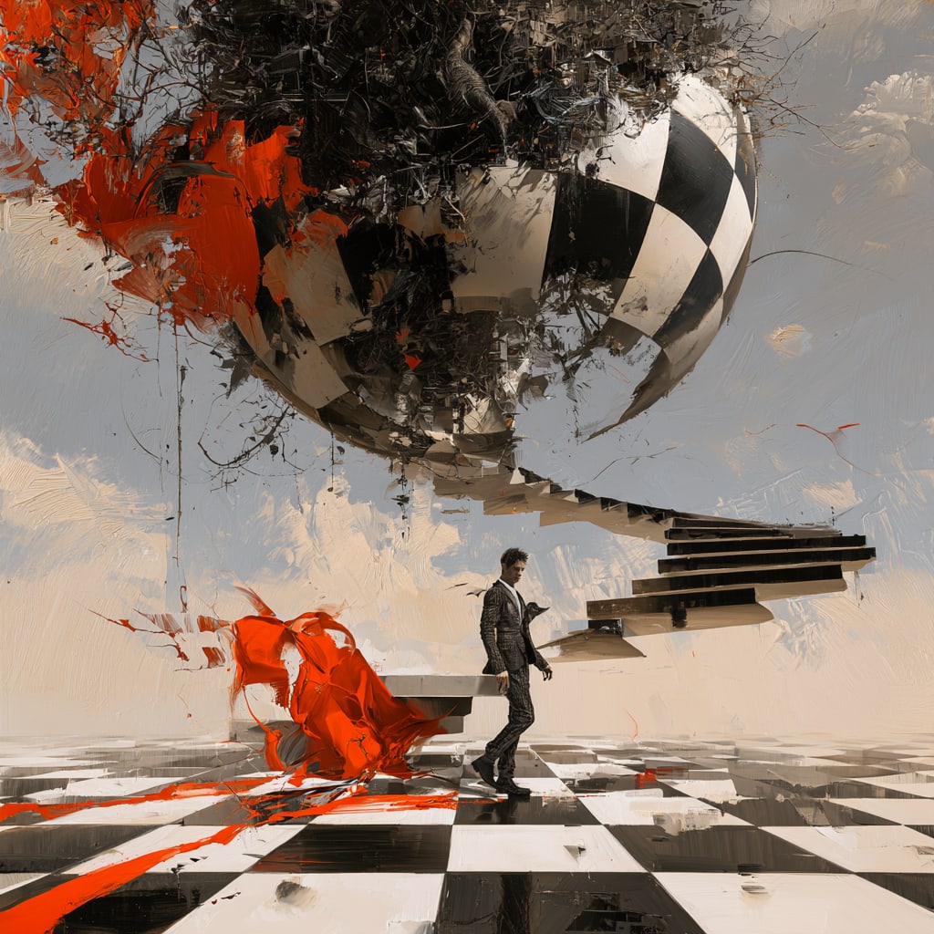 The Next Move. Acrylic print on panel. By the IAAG Artists Group. Contemporary.: Title: The Next Move Technique: Acrylic print on panel Measures: 20 × 20 inches (51 × 51 cm) Year: Contemporary Description: The Next Move places a solitary figure within a surreal chessboard landsc
