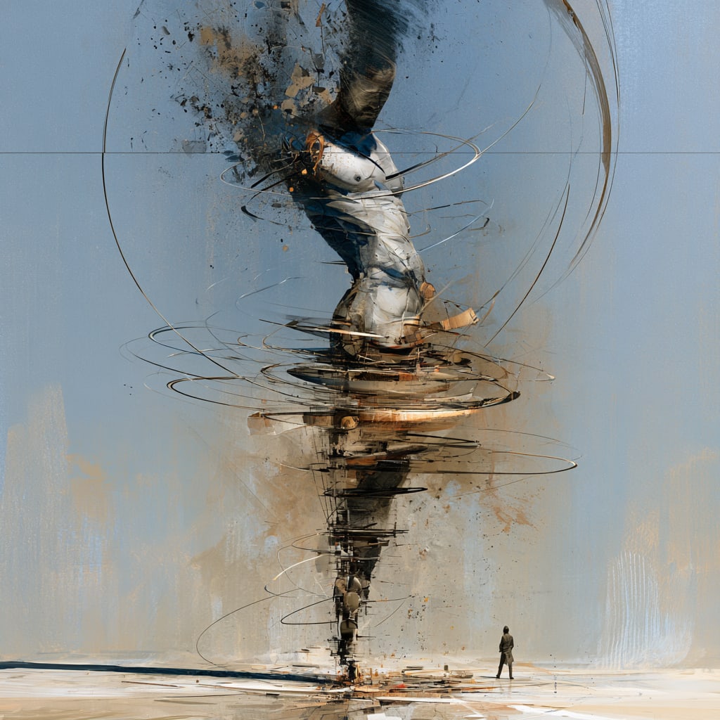 Beyond the Threshold. Acrylic print on panel. By the IAAG Artists Group. Contemporary.: Title: Beyond the Threshold Technique: Acrylic print on panel Measures: 20 × 20 inches (51 × 51 cm) Year: Contemporary Description: Beyond the Threshold presents a solitary figure navigating a monum
