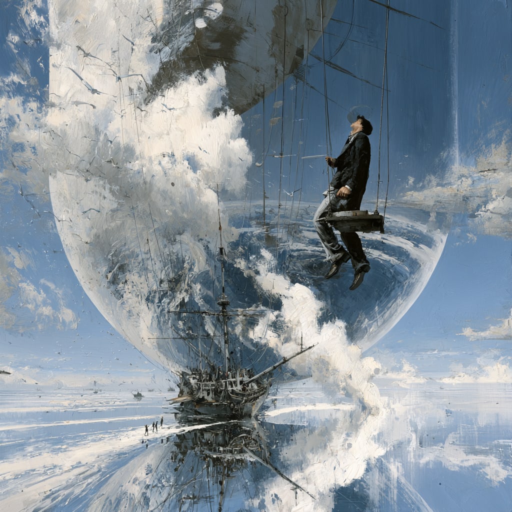 Crimson Ascent. Acrylic print on panel. By the IAAG Artists Group. Contemporary.: Title: Crimson Ascent Technique: Acrylic print on panel Measures: 20 × 20 inches (51 × 51 cm) Year: Contemporary Description: Crimson Ascent captures a solitary figure moving upward through a monume