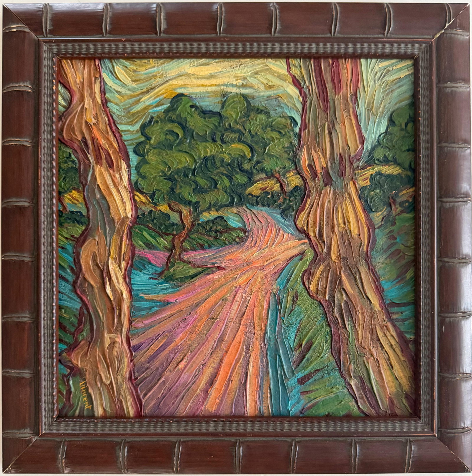 Vincent Van Gogh Dutch 1853-1890 Oil on Canvas painting in the style of. Gaugin, Monet, Degas Period: Title: Country Road between Tall Trees Technique: Oil on canvas Measures: 10 x 10 inches Year: Circa 1890 Condition: Good. The painting presents rich impasto, vivid coloration, and strong visual clari