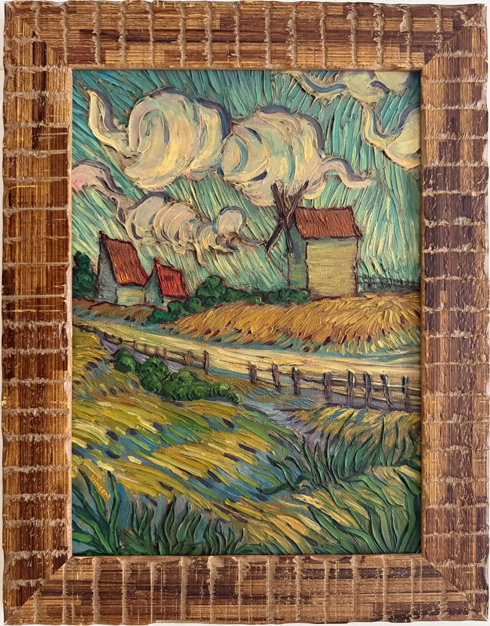 Vincent Van Gogh Dutch 1853-1890 Oil on Canvas painting in the style of. Gaugin, Monet, Degas Period: Title: Farmhouses beneath a Sweeping Sky Technique: Oil on canvas Measures: 14 x 12 inches Year: Circa 1890 Condition: Good. The painting presents pronounced impasto, vivid coloration, and strong visu