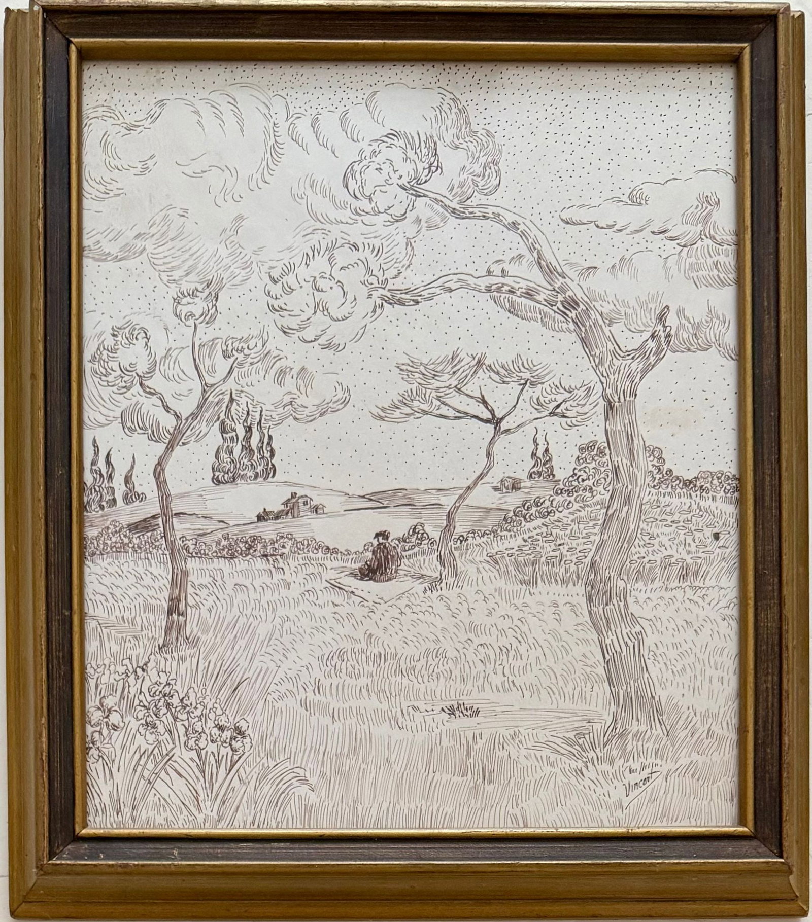 Vincent van Gogh, Dutch (1853–1890) ink on paper painting in the style ofthe Gauguin, Toulouse: Title: Figure Resting along a Country Road Technique: Ink on paper Measures: 14 x 12 inches Year: Circa 1889 Condition: Good. The work presents strong line definition and visual clarity, with minor ag