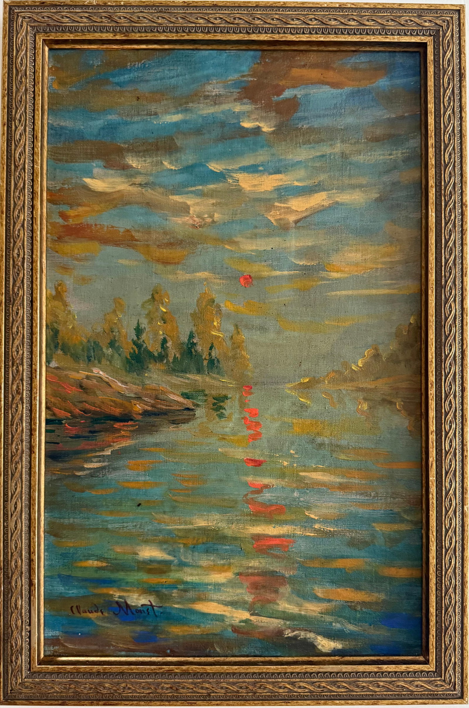 Claude Monet French (1840–1926) Oil on canvas painting, in the style of,the Renoir, Sisley,: Title: Sunset Reflections on a Quiet River Technique: Oil on canvas Measures: 16 x 10 inches Year: Circa 1886 Condition: Good. The painting presents vivid coloration and strong visual clarity, with mi