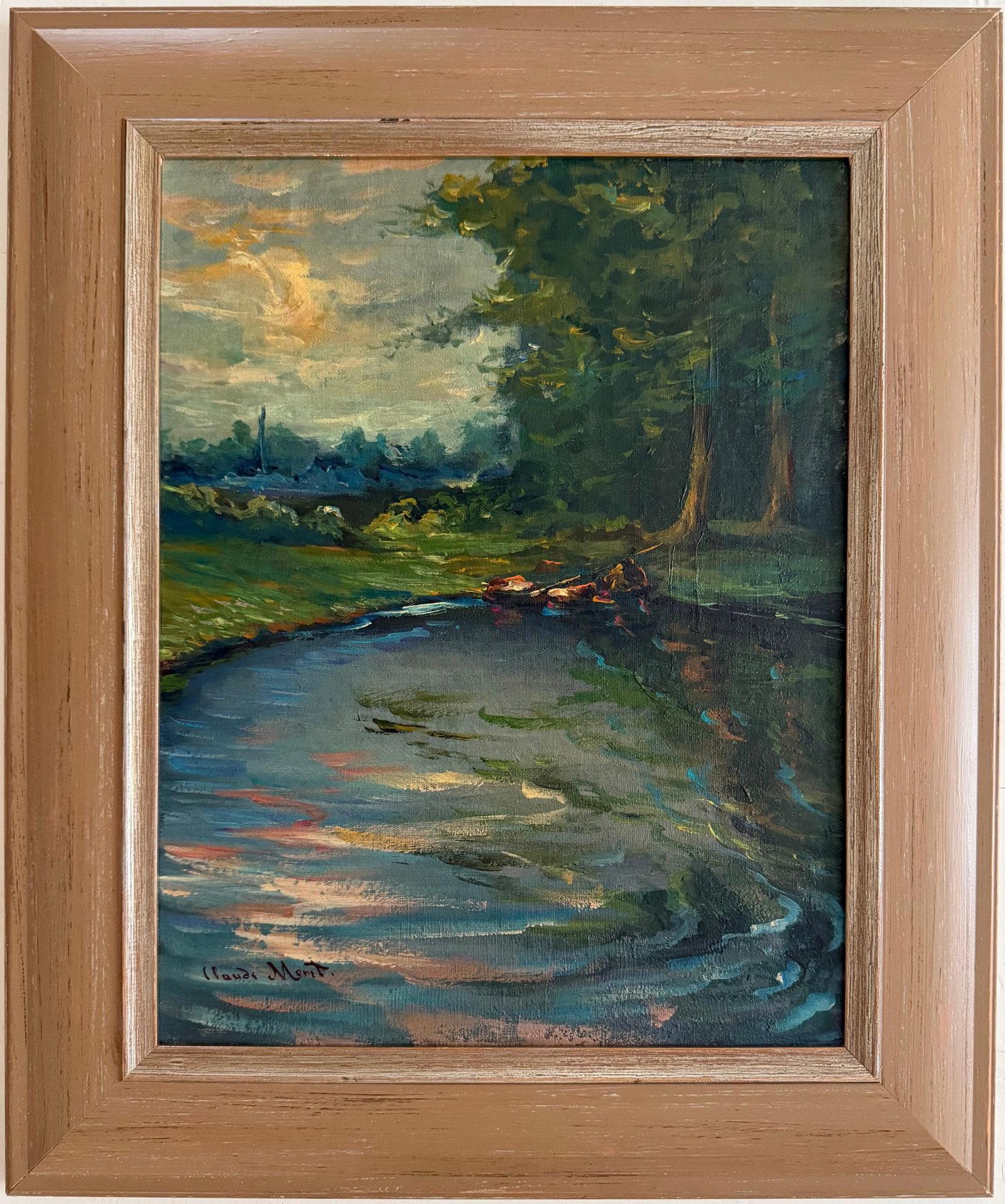 Claude Monet French (1840–1926) Oil on canvas painting, in the style of,the Renoir, Sisley,: Title: River Bend at the Edge of the Forest Technique: Oil on canvas Measures: 15 x 11 inches Year: Circa 1886 Condition: Good. The painting presents rich coloration and strong visual clarity, with mi