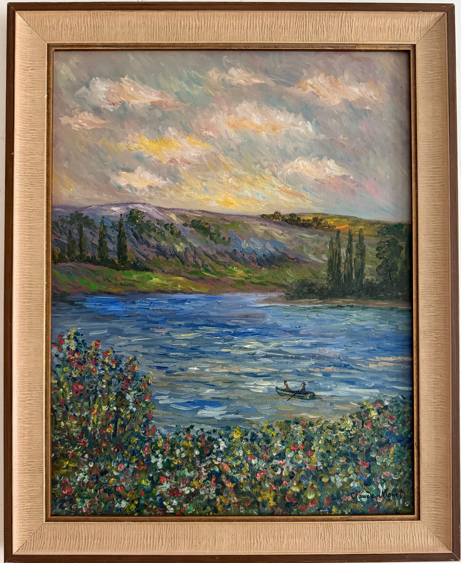 Claude Monet French (1840–1926) Oil on canvas painting in the style of, the Renoir, Sisley,: Title: Boaters on a Lake bordered by Wildflowers Technique: Oil on canvas Measures: 20 x 16 inches Year: Circa 1890 Condition: Good. The painting presents luminous coloration, textured brushwork, and 