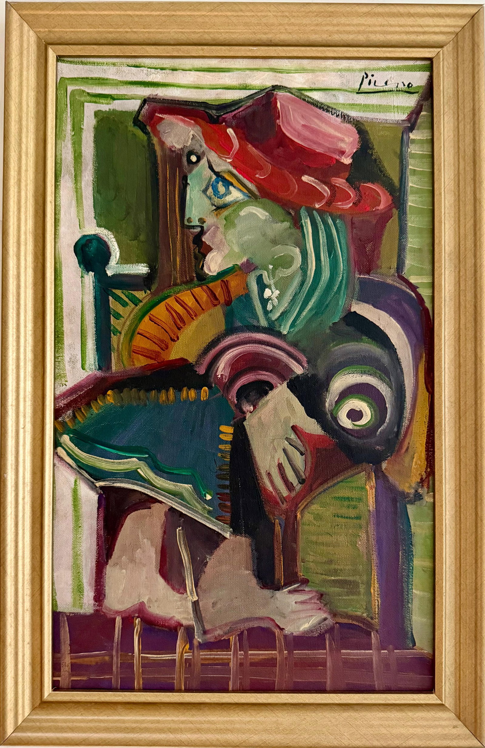 Pablo Picasso, Spanish (1881–1973) Oil on canvas painting, in the style of the: Title: Woman in a Red Hat Seated in an Interior Technique: Oil on canvas Measures: 19 x 12 inches Year: Circa 1952 Condition: Good. The painting presents vibrant coloration, expressive brushwork, and 