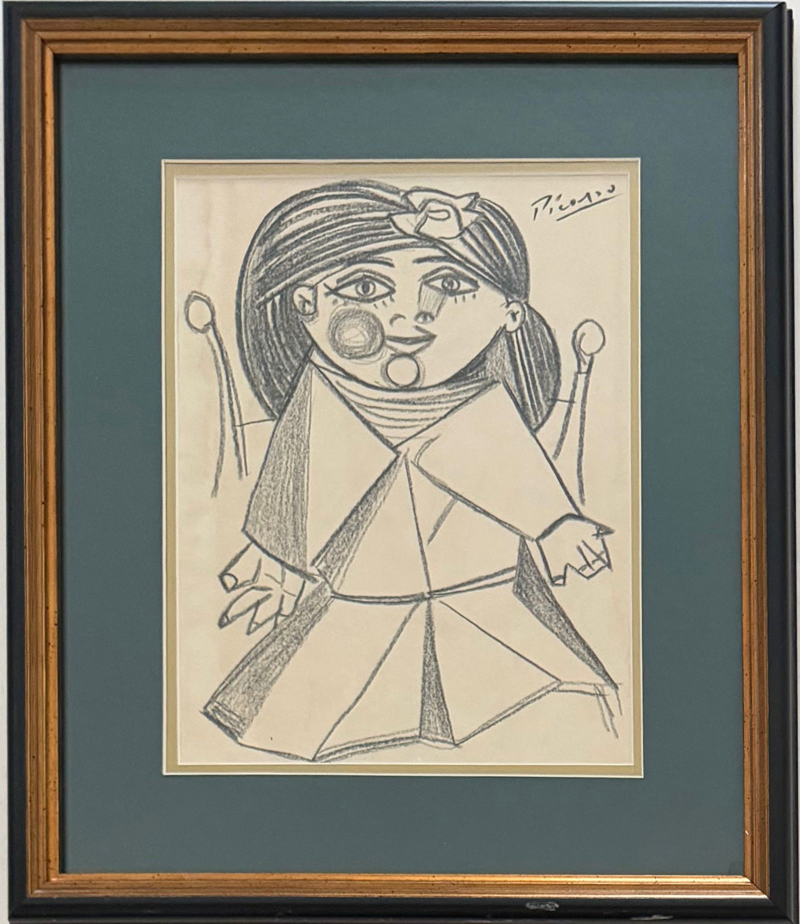 Pablo Picasso, Spanish (1881–1973) crayon on paper, in the style of the Dali, Magritte, Chagall: Title: Seated Woman with a Bow in Her Hair Technique: Crayon on paper Measures: 15 x 12 inches Year: March 1939 Condition: Good. The work presents strong line definition and visual clarity, with minor