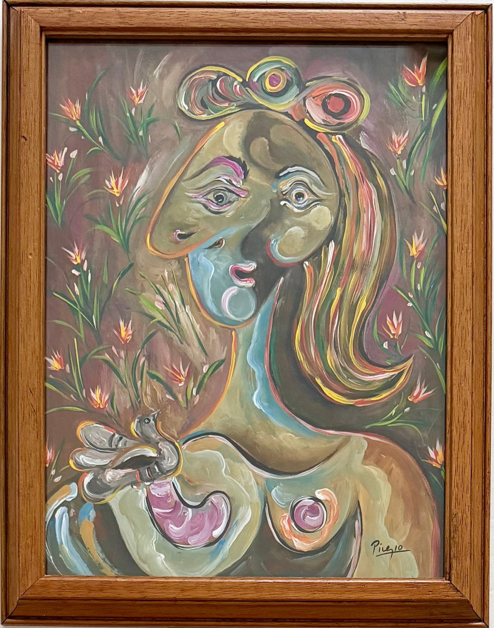 Pablo Picasso, Spanish (1881–1973) Gouache on paper,in the style of the Dali,Magritte,Chagall: Title: Woman with a Bird amid Flowers Technique: Gouache on paper Measures: 16 x 12 inches Year: Circa 1943 Condition: Good. The work presents vibrant coloration and strong visual clarity, with minor 